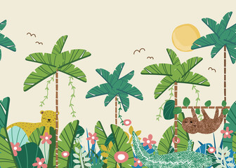 Cute jungle wallpaper for kids. Tropical seamless pattern. Vector hand drawn illustration.
