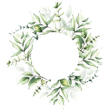 Delicate greenery round frame template watercolor painted. Background with branches, green leaves. Wedding ready design.
