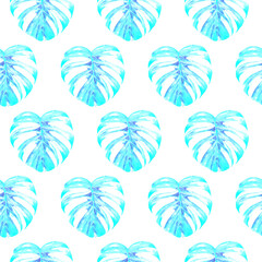 Seamless pattern with blue watercolor Monstera leaf