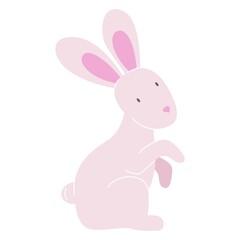 Vector funny cute pink easter bunny. Happy easter. Illustration of a sitting rabbit in delicate colors isolated on a white background.