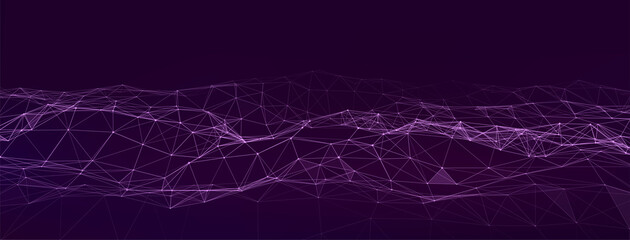 Abstract vector technology wave of particles. Big data visualization. Background with motion dots and lines. Artificial intelligence.