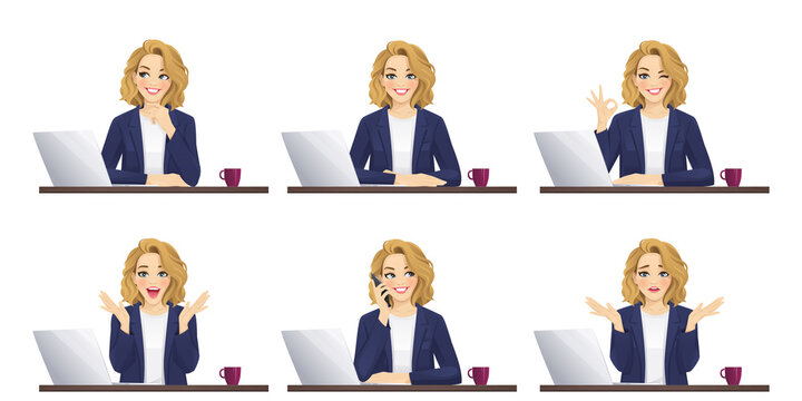 Elegant beautiful business woman using laptop computer sitting at the desk set isolated vector illustration