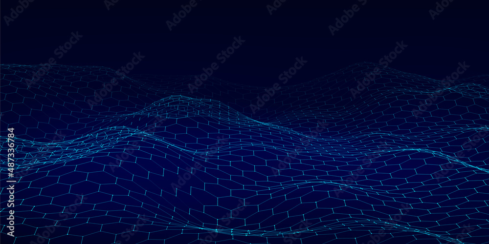 Poster futuristic vector hexagon wave. dark cyberspace. abstract wave with dots and line. white moving part