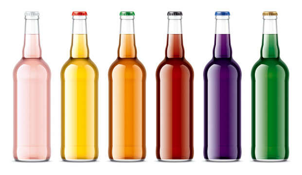 Set of Glass Bottles with transparent Juices.  