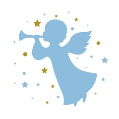 Silhouette Angel With Trumpet And Stars Isolated , Vector Illustration..