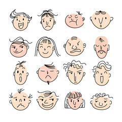 Doodle people faces collection isolated. Hand drawn male and female characters with different emotions. Vector hand drawn sketches.