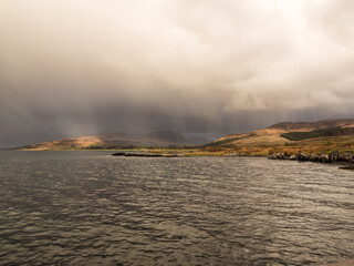Storm clouds approaching over the isle of Mull, Scotland, UK