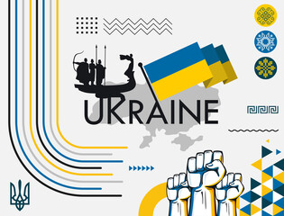Ukraine banner for national day with abstract modern design. Ukrainian flag and map with typography and blue yellow color theme. Kiev landmark, raised fists and embroidery background.