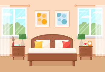 Cozy bedroom interior with furniture and windows. Vector illustration