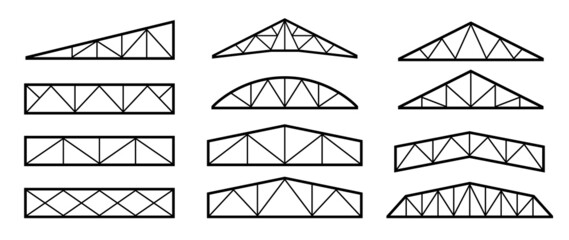 Roof metal trusses constructions. Set of roofing steel frames. Vector architectural blueprint. Collection of elements for rafter. Illustration for engineering education