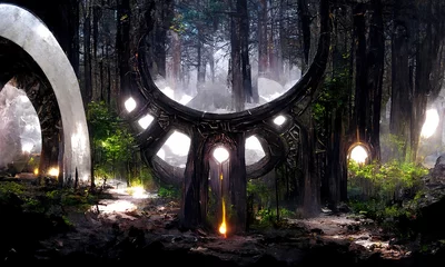  Fantasy Magical fairy-tale portal in the forest. Round stone portal teleport in trees to other worlds. Fantastic landscape. Magic Altar in the forest © Mars0hod