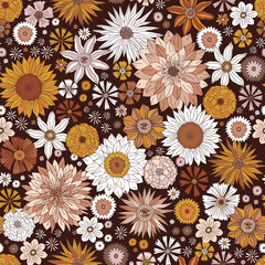 Mystic Boho fall florals vector seamless pattern. Autumn flowers garden background. Groovy Halloween flower power print. © AngellozOlga