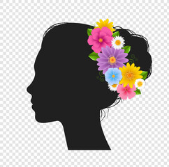 Silhouette Portrait femal Head With Flowers Transparent Background With Gradient Mesh, Vector Illustration