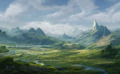 Foto op Plexiglas Blauwgroen Fantastisch fantasielandschap van bergen, geweldig uitzicht op de rotsen en de vallei. Mystieke aard van de toppen van bergen en bergkammen. Illustratie