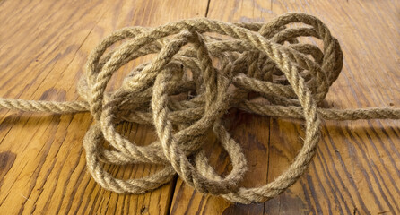 Brown nautical strong rope on the table close-up