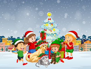 Snow falling scene with children and dogs in Christmas theme