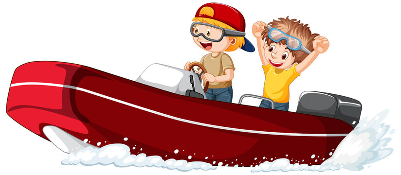 Young boy driving boat with his friend