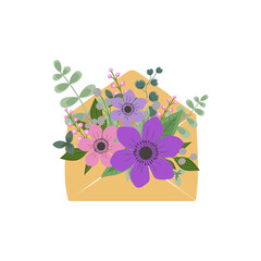 A hand-drawn bouquet of flowers with leaves and berries in an envelope. Trending greeting card for Mother's Day, Women's Day on March 8. Flowers in an envelope. Flower mail. Illustration hello spring