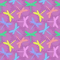 seamless pattern with dragonflies in pastel colors. spring textile ornament. multicolored silhouettes on a violet background. bright cheerful print. vector illustration.
