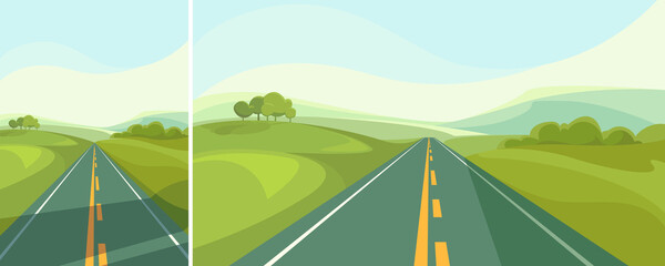 Highway going through the fields. Outdoor scene in different formats.