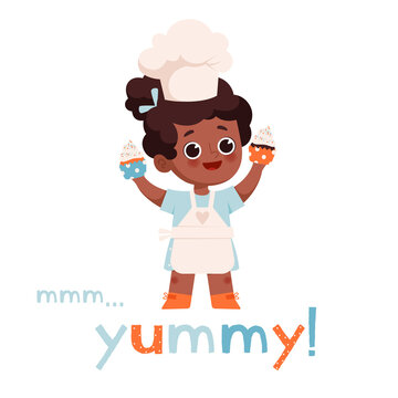 Small afro-american confectioner boy in a chefs hat and apron holds wonderful cakes in his hands. Funny poster with inscription mmm yummy and mascot character for business, vestival or fair