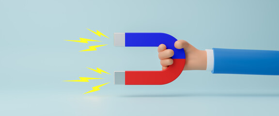 3d businessman shaking hands with horseshoe magnet isolated with lightning effect on blue background, find talent with high career potential, copy space, attraction concept, 3D rendering