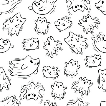 Halloween cat ghosts seamless pattern. Doodle cute kawaii cat spirit background. Stock vector flat cartoon illustration.