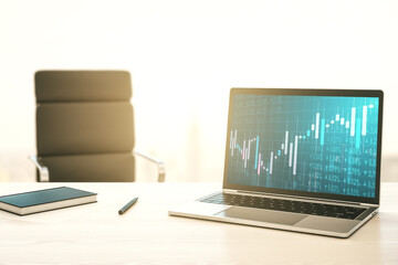 Modern computer screen with abstract creative financial chart, research and analytics concept. 3D Rendering