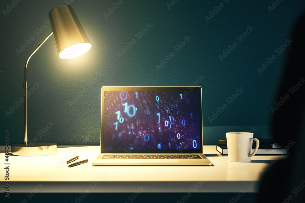 Leinwandbilder creative abstract binary code sketch on modern laptop monitor, hacking and matrix concept. 3d render