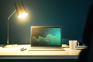 Abstract creative stats data concept on modern laptop screen. 3D Rendering