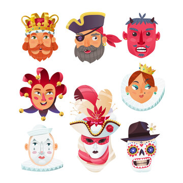 Collection of Mardi Gras characters dressed for holiday carnival and parade. Isolated vector faces can be used as stickers and masks in social media. Royals, clowns and demonic creatures.