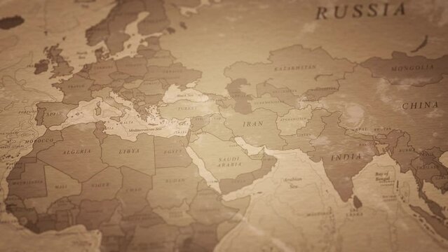 Old world map animation. Camera traveling from Africa to Europe