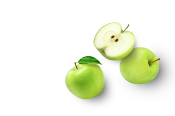 Green granny smith apple with green leaf cut in half sliced isolated on white background. Top view. Flat lay. Copy space.