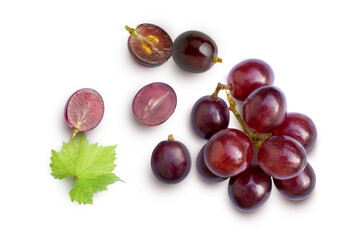 Fresh red ripe juicy grapes on white background, top view