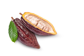 Heap of red cocoa fruit with cut in half slice and green leaf isolated on white background. Top view. Flat lay.