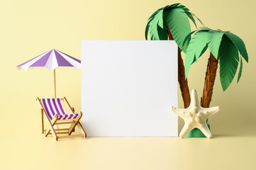Flat white paper blank, and beach accessories on pastel yellow background. Summer Mockup, showcase