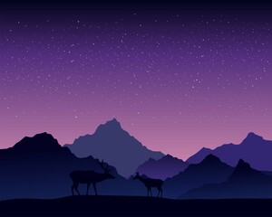 Naklejka premium landscape with mountains stars deer animals 