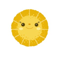 Cute kawaii sun character with happy smiling face and funny eyes. Children’s drawing in doodle style. Summer sunrise. Childish coloured flat raster illustration isolated on white background