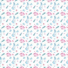 seamless watercolor pattern with colorful easter bunnies and decorative twigs.