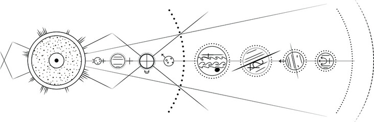 Model of Solar system, black and white minimal vector illustration © BlueBee