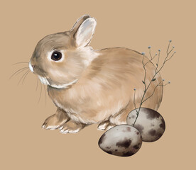 animal and nature sketch cute little fluffy rabbit among field plants and quail eggs digital drawing 3