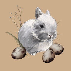 animal and nature sketch cute little fluffy rabbit among field plants and quail eggs digital drawing 5