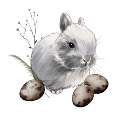 animal and nature sketch cute little fluffy rabbit among field plants and quail eggs digital drawing 6