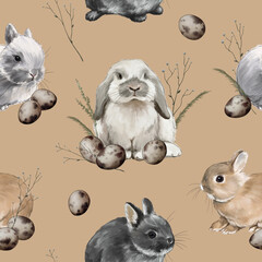 animal and nature sketch cute little fluffy rabbits among field plants and quail eggs digital drawing pattern 1