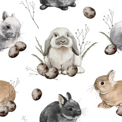 animal and nature sketch cute little fluffy rabbits among field plants and quail eggs digital drawing pattern 2