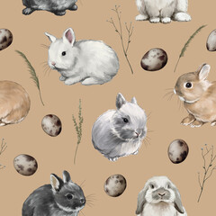 animal and nature sketch cute little fluffy rabbits among field plants and quail eggs digital drawing pattern 3