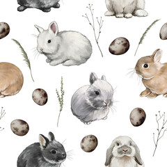 animal and nature sketch cute little fluffy rabbits among field plants and quail eggs digital drawing pattern 4