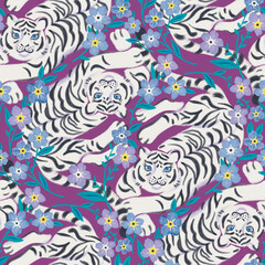 Obraz na płótnie Canvas Seamless pattern with white tiger and forget-me-not flowers
