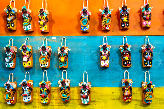Traditional Brazilian souvenirs in a gift shop, Paraty, Rio de Janeiro, Brazil. 