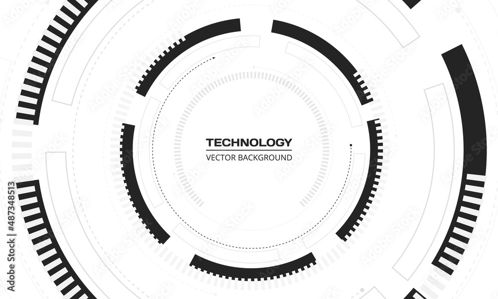 Poster White abstract tech digital data background with black circular structure and technology elements. Innovation background concept with futuristic technology interface. Vector illustration